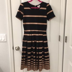 LulaRoe Black Rose Gold Striped Amelia Dress
